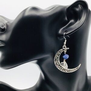 EARRINGS Crescent Moon Sodalite Quartz Chips Silver Tone Boho Gemstones Festival